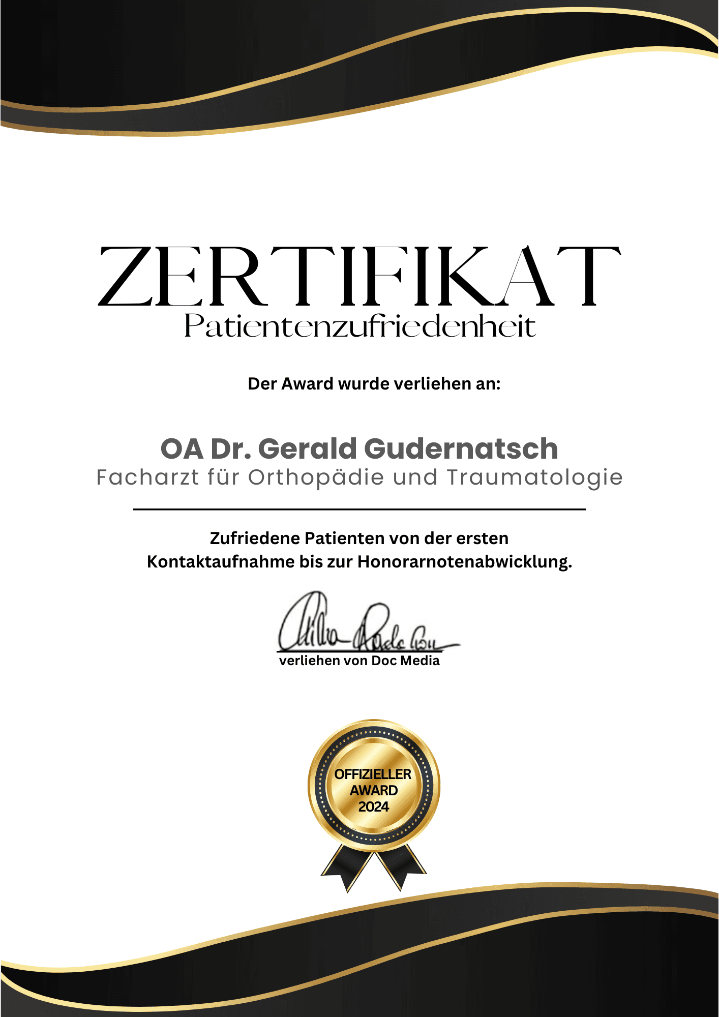 Zertifikat Patientenzufriedenheit – OA Dr. Gerald Gudernatsch